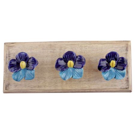Navy Blue And Turquoise Ceramic Flower Wooden Hooks
